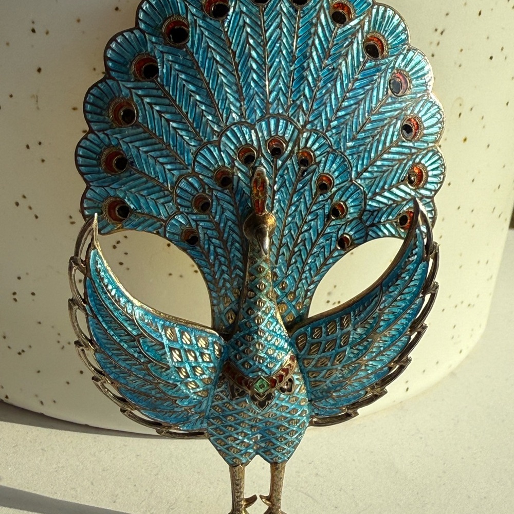 Elegant Blue Peacock Brooch with Matching Earrings